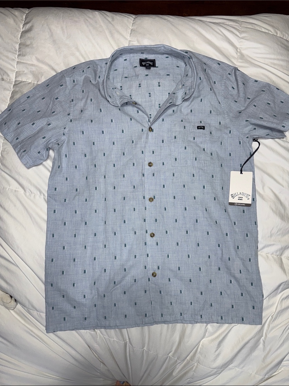 Billabong Light Blue Short Sleeve Button-Down with Navy Micro Dots
